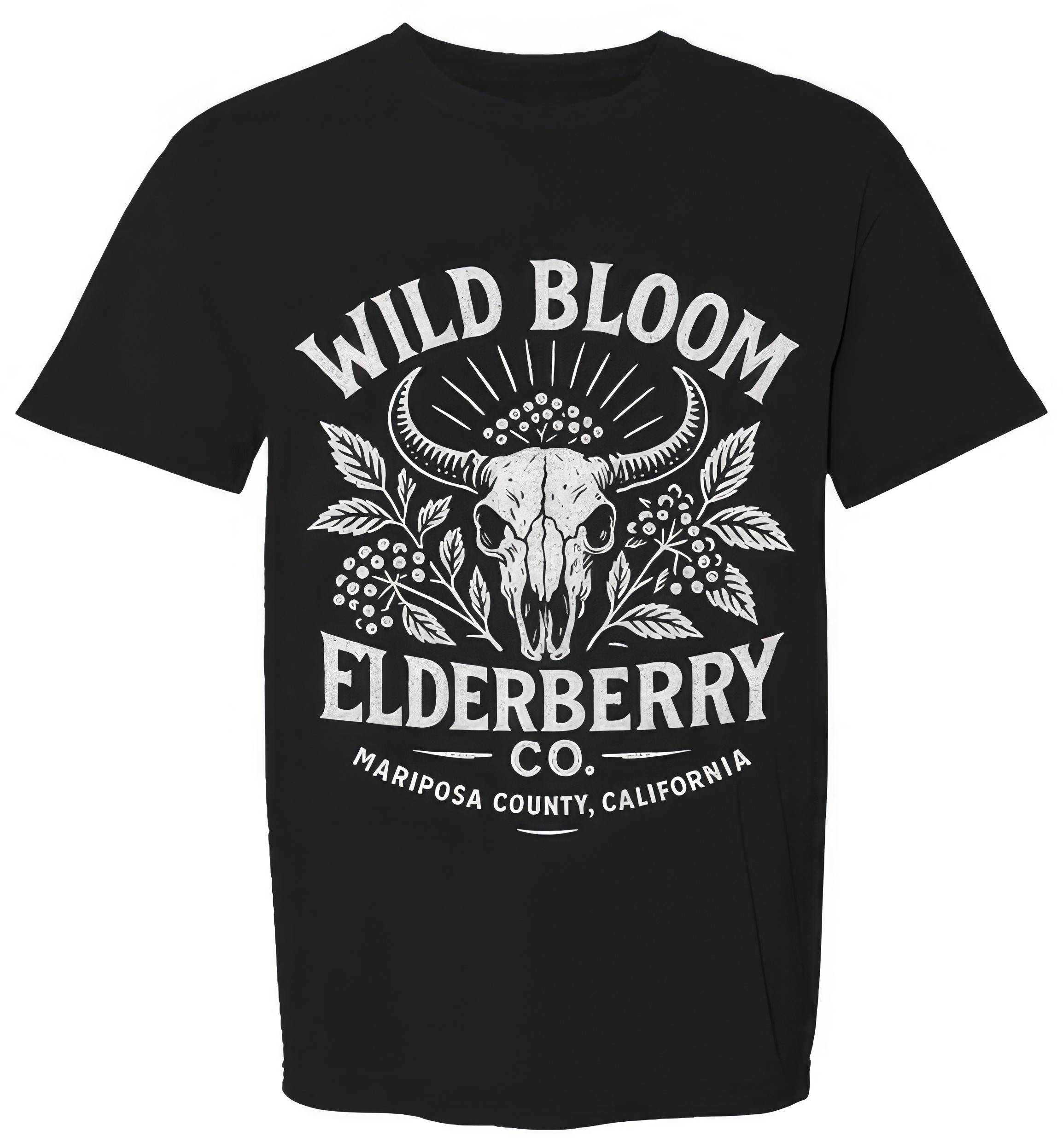 Black t-shirt with white steer skull and elderberry illustration reading Wild Bloom Elderberry Co., Mariposa County, California